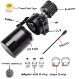 BJ 14977-Oil Catch Can Reservoir Tank with Air Filter Breather Baffled Aluminum Fittings Oil Dipstick Hole Breathable Kettle