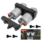 BJ 14960-Aluminum Twin Dual Double 044 Fuel Pump Manifold With Mounting Bracket Black
