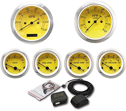 BJ 22088-MOTOR METER RACING 6 Gauge Set Classic with GPS Electrical Speedometer Digital Odometer Yellow Dial