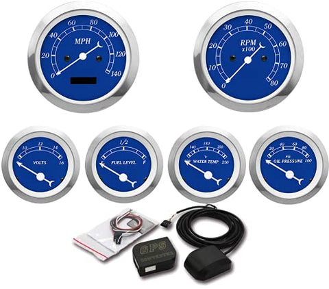 BJ 22090-MOTOR METER RACING Digital Odometer Blue Dial Dashboard 6 Gauge Set GPS Electrical Speedometer/Tachometer/Fuel Level/Voltmeter/Water Temp/Oil Pressure