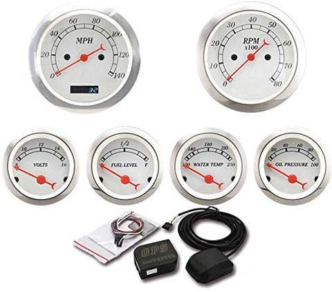 MOTOR METER RACING 6 Gauge Set Classic with GPS Electrical Speedometer Digital Odometer White Dial Red Pin