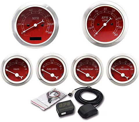 MOTOR METER RACING 6 Gauge Set Classic with GPS Electrical Speedometer Digital Odometer Red Dial White Pin