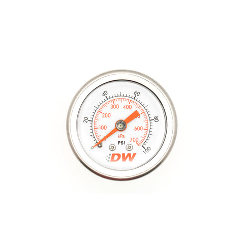 BJ 390022-DW Mechanical fuel pressure gauge. 1/8 NPT. 0-100 psi. 1.5" diameter. White face